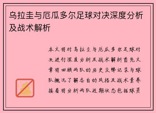 乌拉圭与厄瓜多尔足球对决深度分析及战术解析